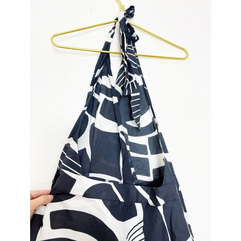 Zara The Nicole Printed Halter Wrap Navy/White Midi Dress Size Large Open Back - Picture 10 of 12